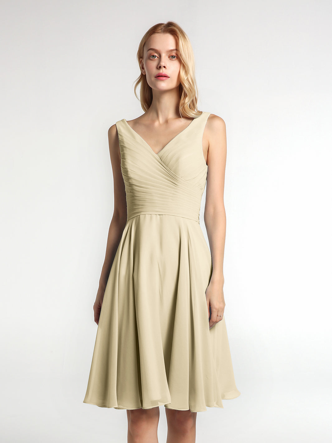 BABARONI V neck Pleated Bodice Circle Skirt Mini Dress Champagne Plus Size, Champagne / US18