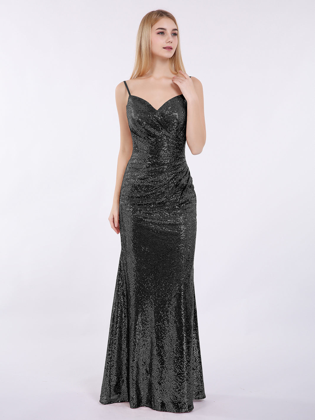 sequin black bridesmaid dresses Black Sequin Bodice Satin Bottom Prom Dress with Plunging V-Neck, High –  Viniodress main image 1