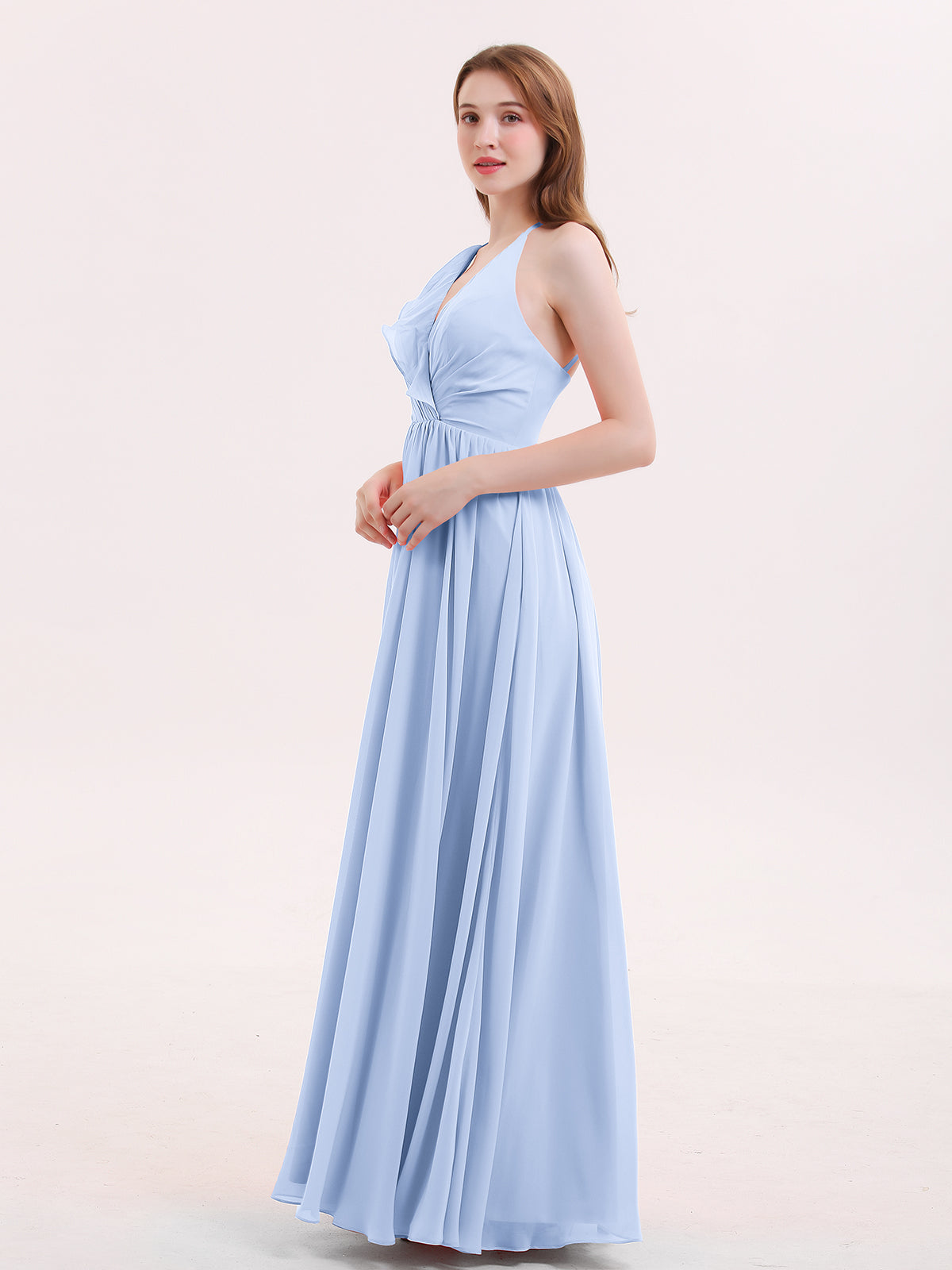 V Neck Full Length Chiffon Bridesmaid Dress Sky Blue Plus Size-Celina