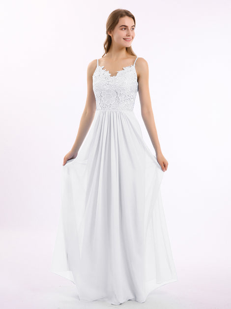 Long Spaghetti Straps Chiffon Dress with Lace Top Plum