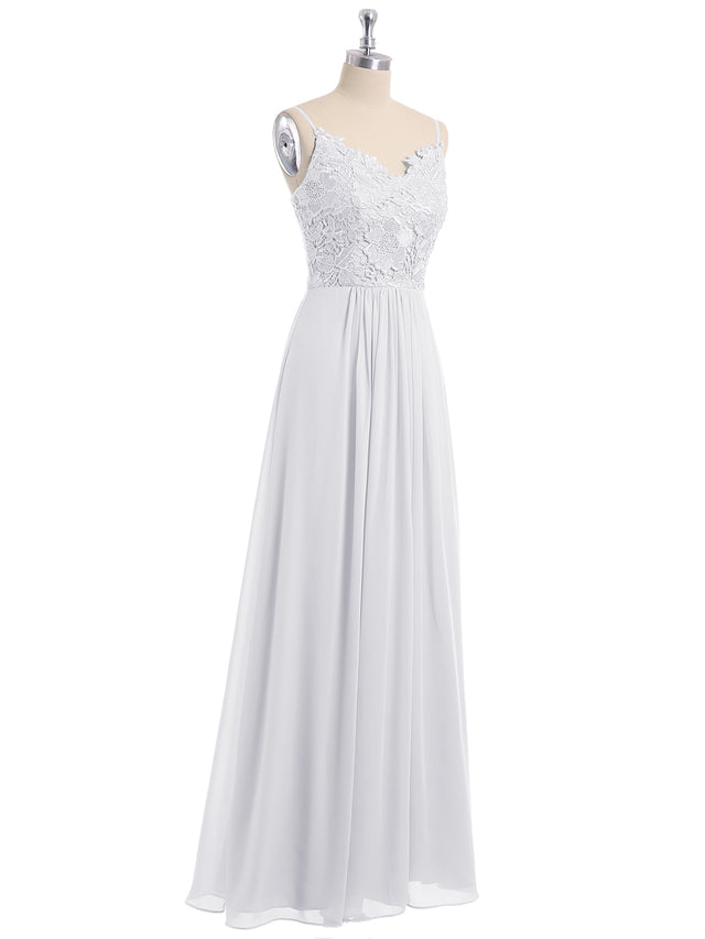 Long Spaghetti Straps Chiffon Dress with Lace Top Lemon