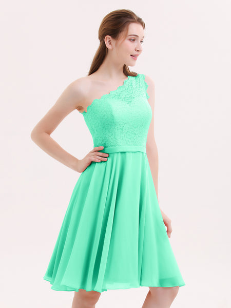 BABARONI One Shoulder Short Lace Bridesmaid Dress Turquoise, Turquoise / US0