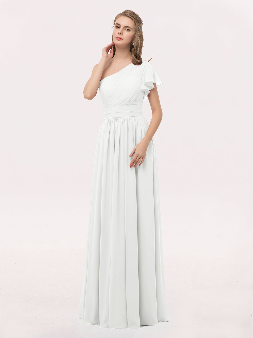 BABARONI Chiffon Ivory Bridesmaid Dresses One Shoulder Floor-length Short Ruffle A-line, Ivory / US0