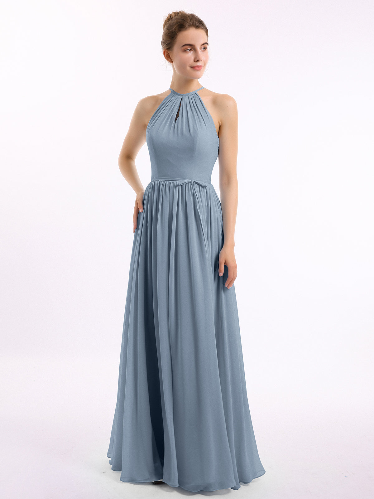 Long Halter Chiffon Dresses with Open Back Dusty Blue- Cynthia | BABARONI