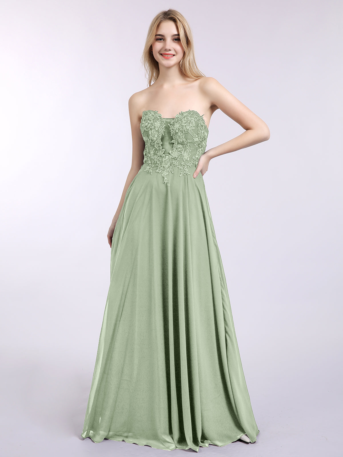 BABARONI Strapless Chiffon with Appliqued Gown Dusty Sage Plus Size, Dusty Sage / US18