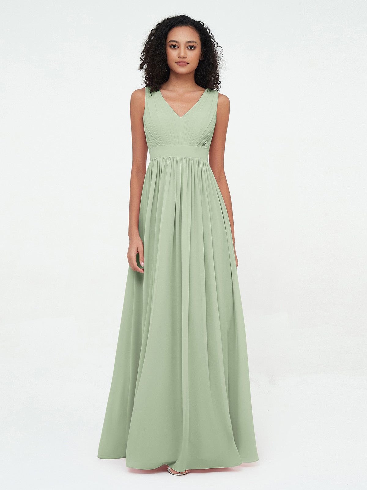 V neck Chiffon Long Dresses with Open Back Dusty Sage- Dana | BABARONI