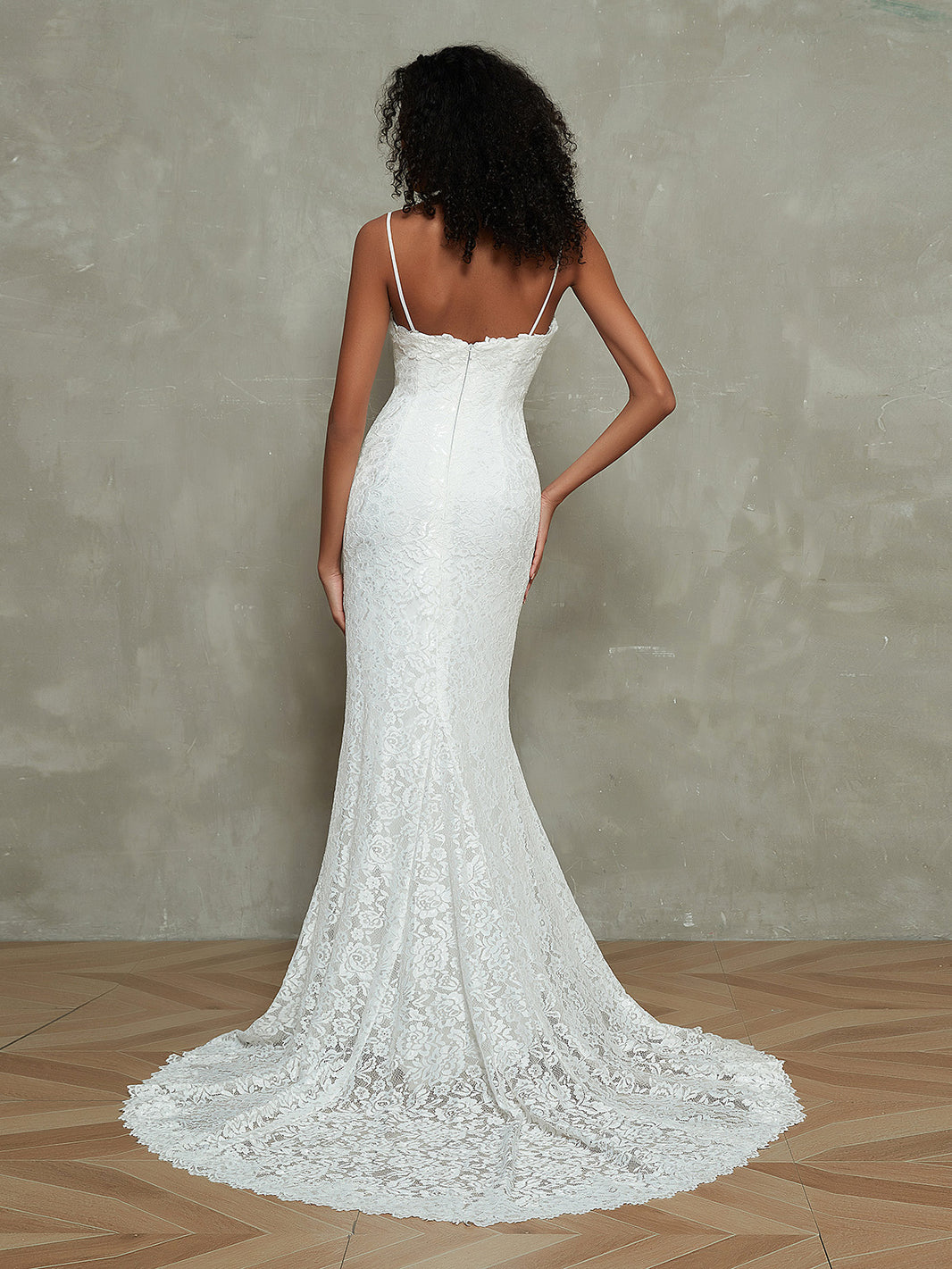 chinese dress ladies BABARONI Spaghetti Strap Mermaid Lace Simple Bridal Dresses-Champagne, Champagne / US0