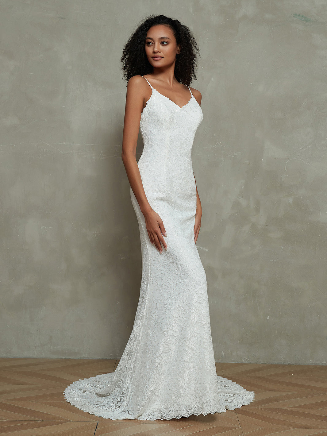 BABARONI Spaghetti Strap Mermaid Lace Simple Bridal Dresses-White, White / US0