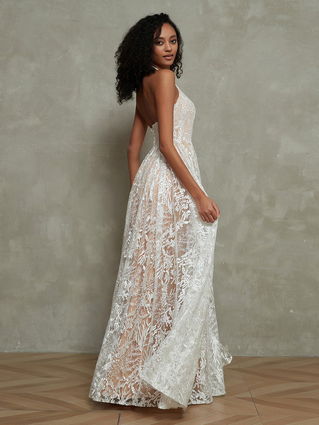BABARONI Nude Lining Ivory Lace Halter Floor Length Dresses-Champagne, Champagne / US0