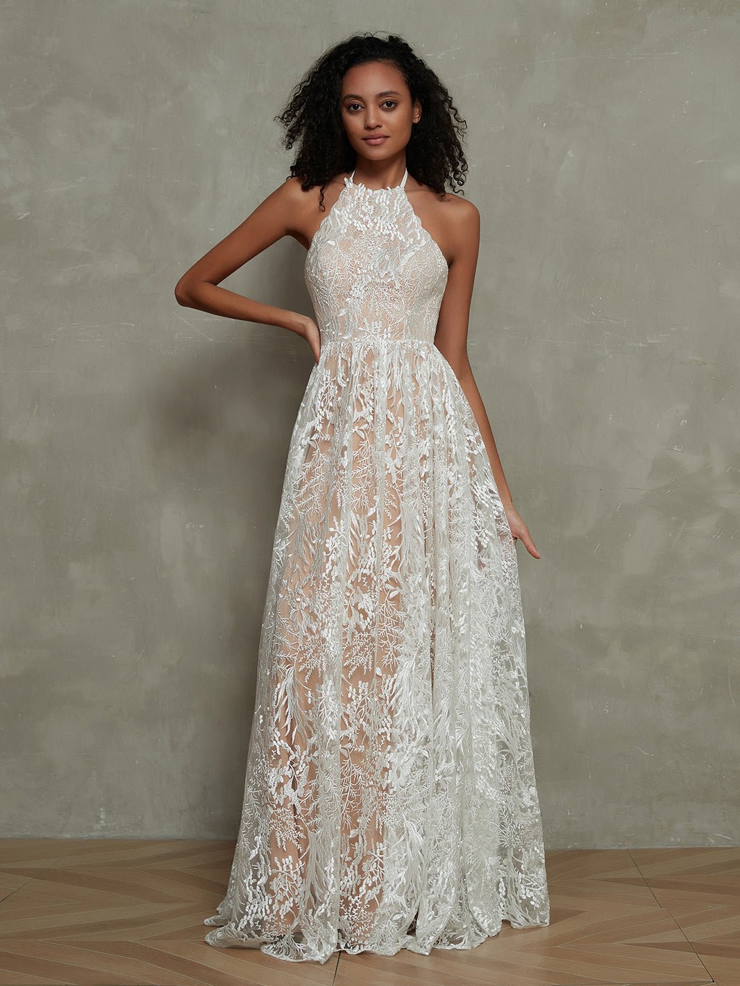 BABARONI Nude Lining Ivory Lace Halter Floor Length Dresses-Champagne, Champagne / US0