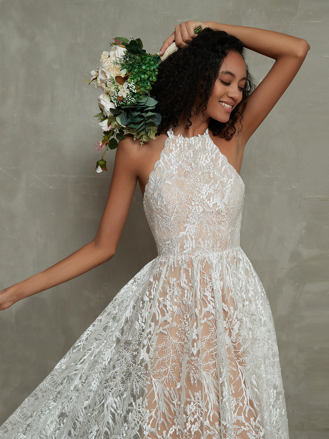 BABARONI Lace Ivory Wedding Dresses A-line Halter Lace Floor-length Lace-up