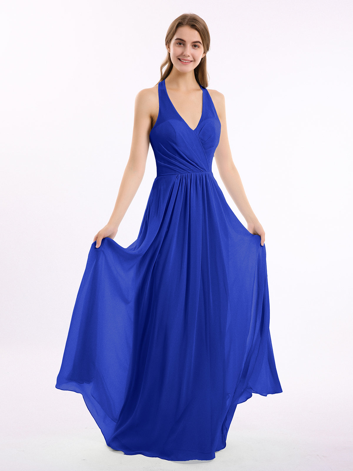 V Neckline Chiffon Dress with Bow Straps Royal Blue Plus Size-Daphne ...