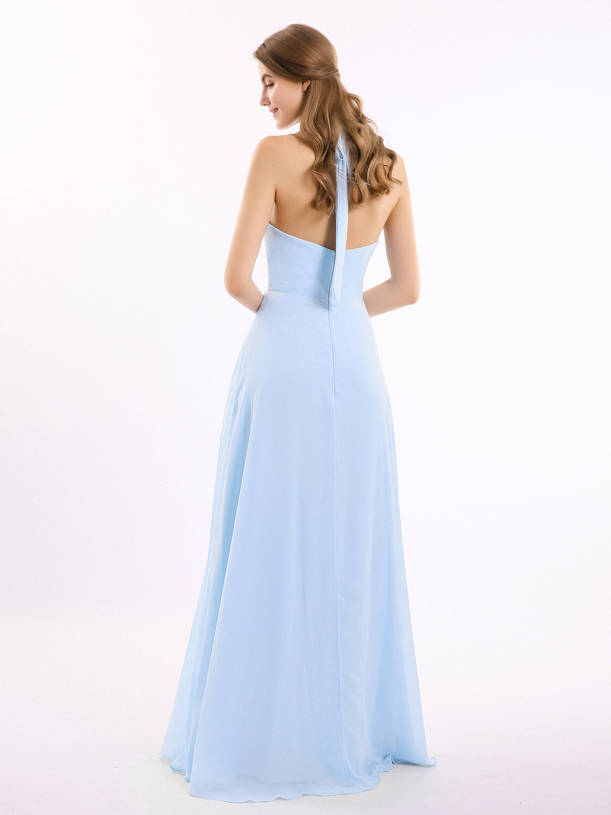 V Neckline Chiffon Dress with Bow Straps Sky Blue Plus Size-Daphne BABARONI