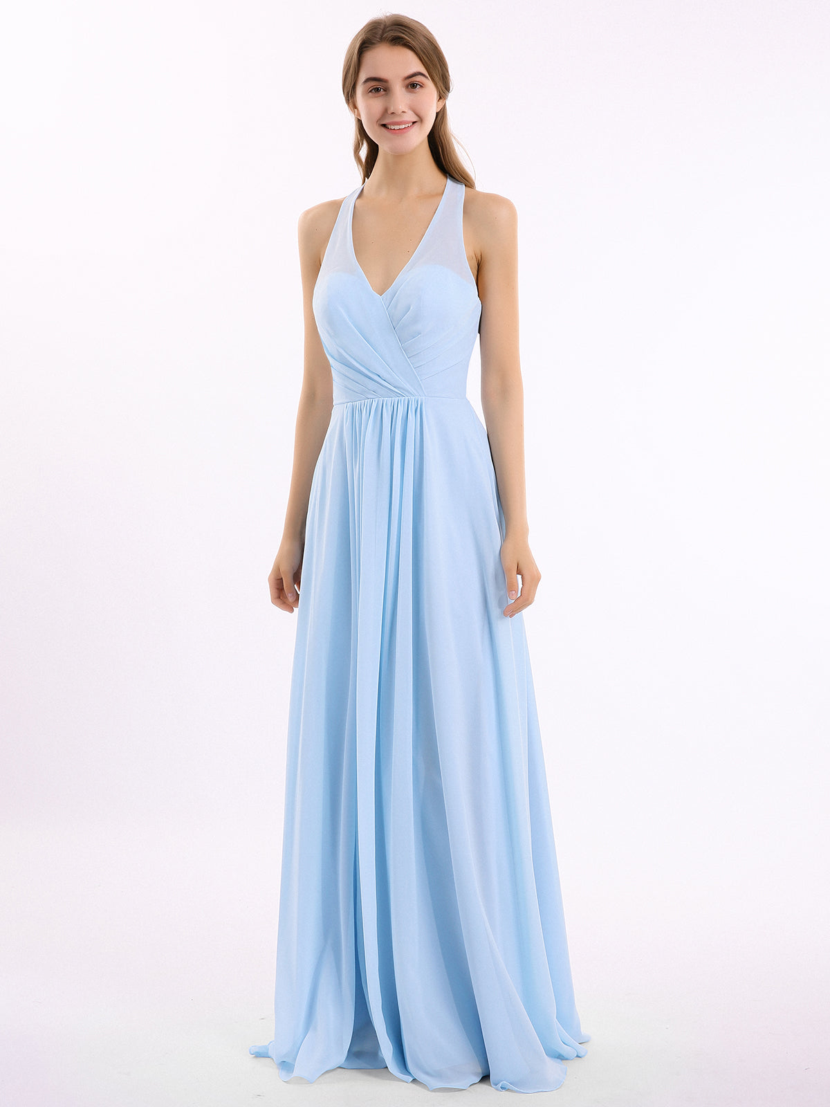 V Neckline Chiffon Dress with Bow Straps Sky Blue Plus Size-Daphne BABARONI