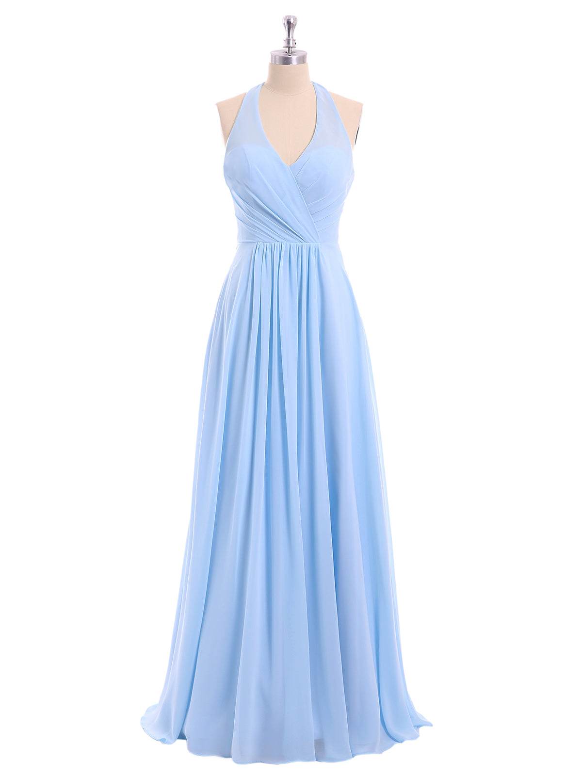 V Neckline Chiffon Dress With Bow Straps Sky Blue Plus Size-daphne Babaroni