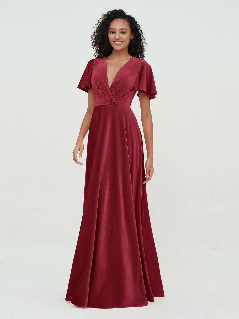 V-Neck Floor-Length Satin Prom Dress Dusty Rose Plus Size