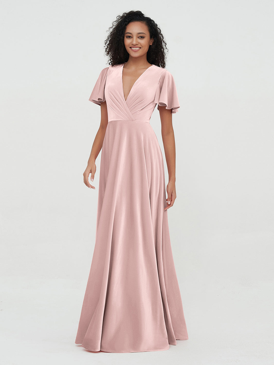 Open Back Max Velvet Dresses with Flutter Sleeves Dusty Rose 