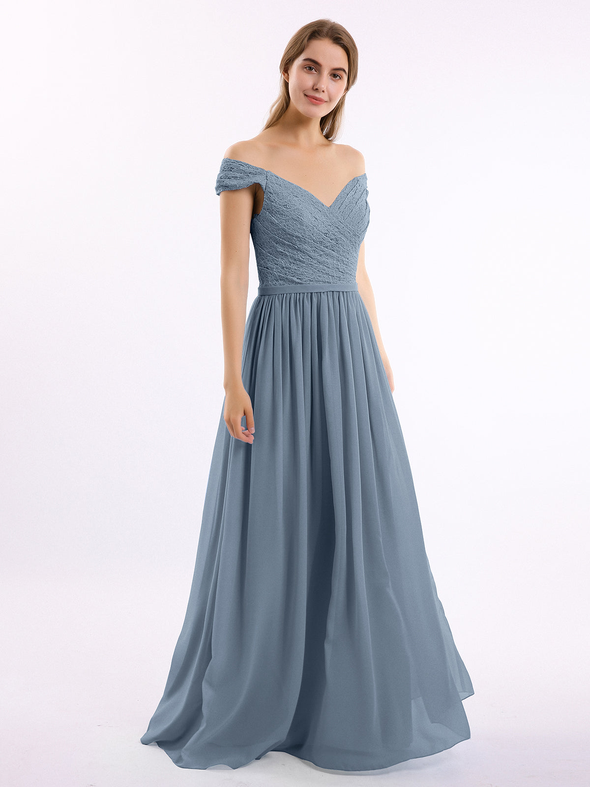 Lace Top Chiffon Bottom Dress with Cap Sleeves Dusty Blue Plus