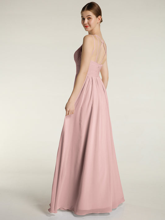Long Halter Chiffon Dress with Back Double Straps Dusty Rose