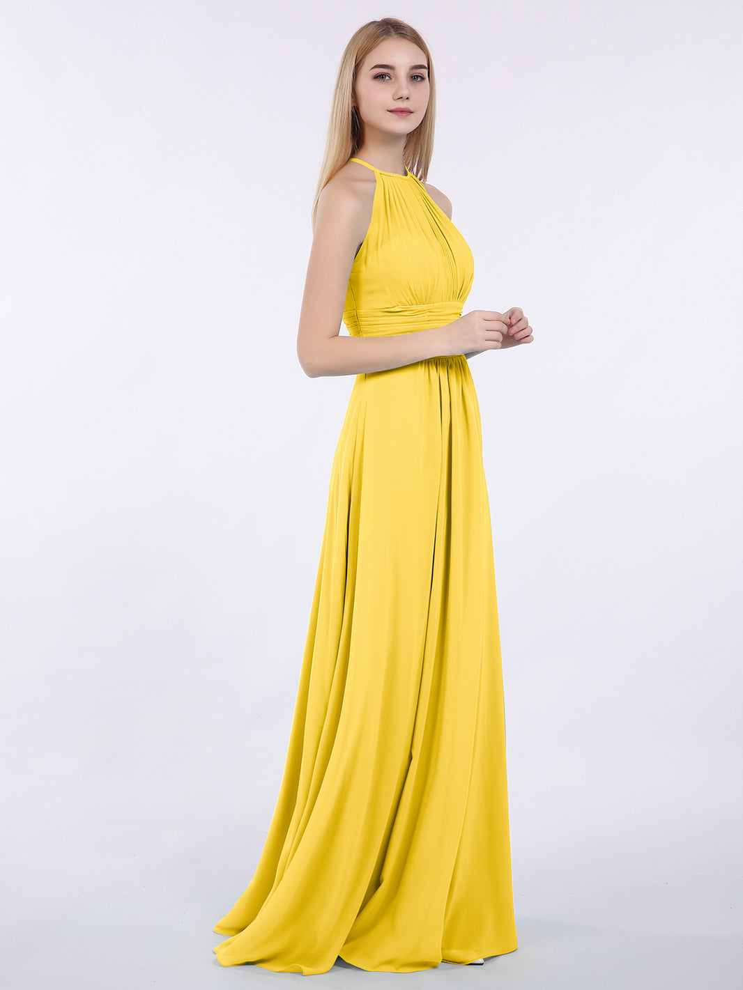 BABARONI BABARONI Chiffon Marigold Bridesmaid Dresses Halter Floor-length Sleeveless Ruched A-line, Marigold / US0