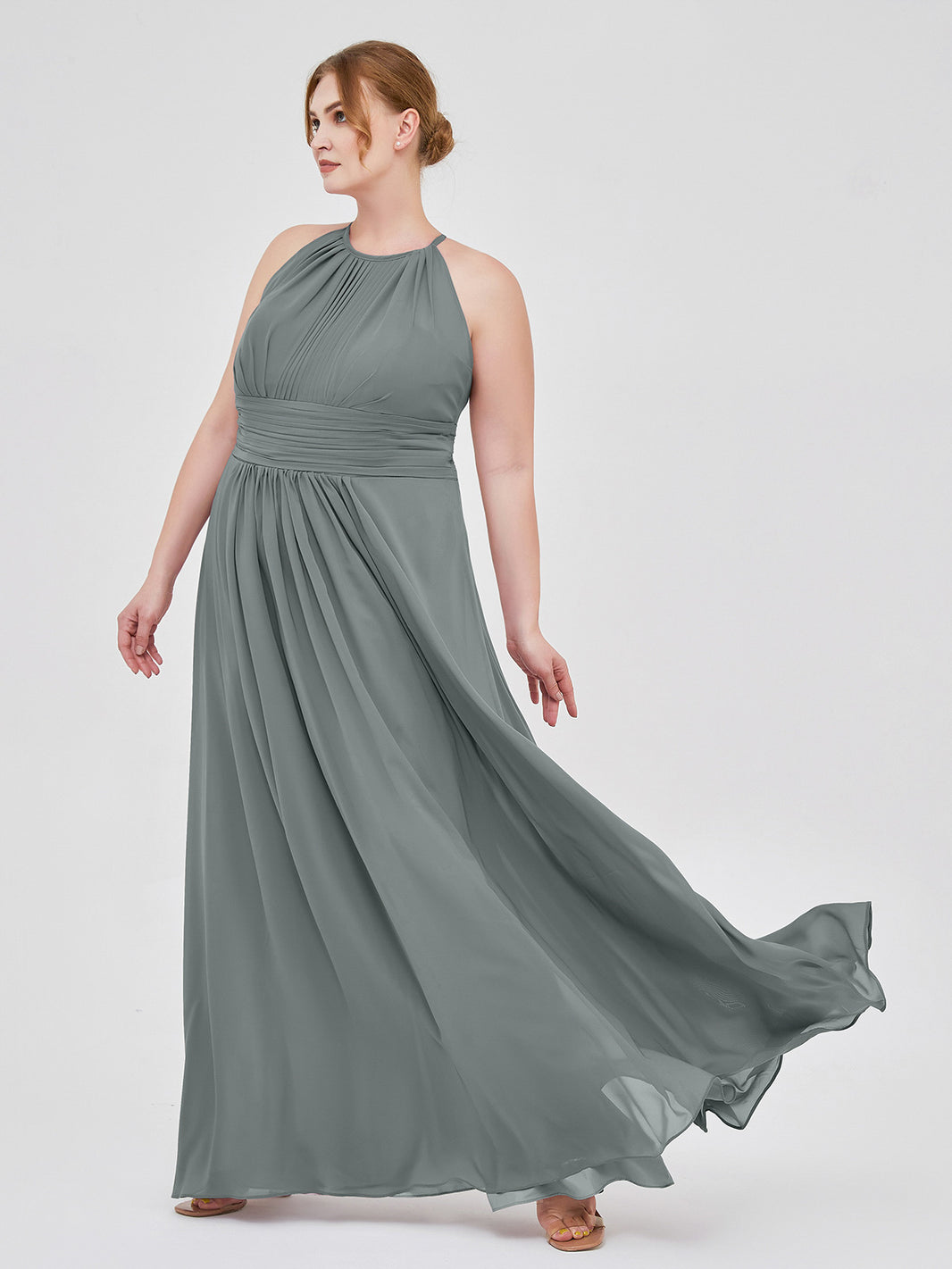 BABARONI Chiffon Steel Grey Bridesmaid Dresses Halter Floor-length  Sleeveless Ruched A-line