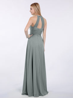 Full Length Chiffon Maxi Bridesmaid Gowns Steel Grey Plus Size