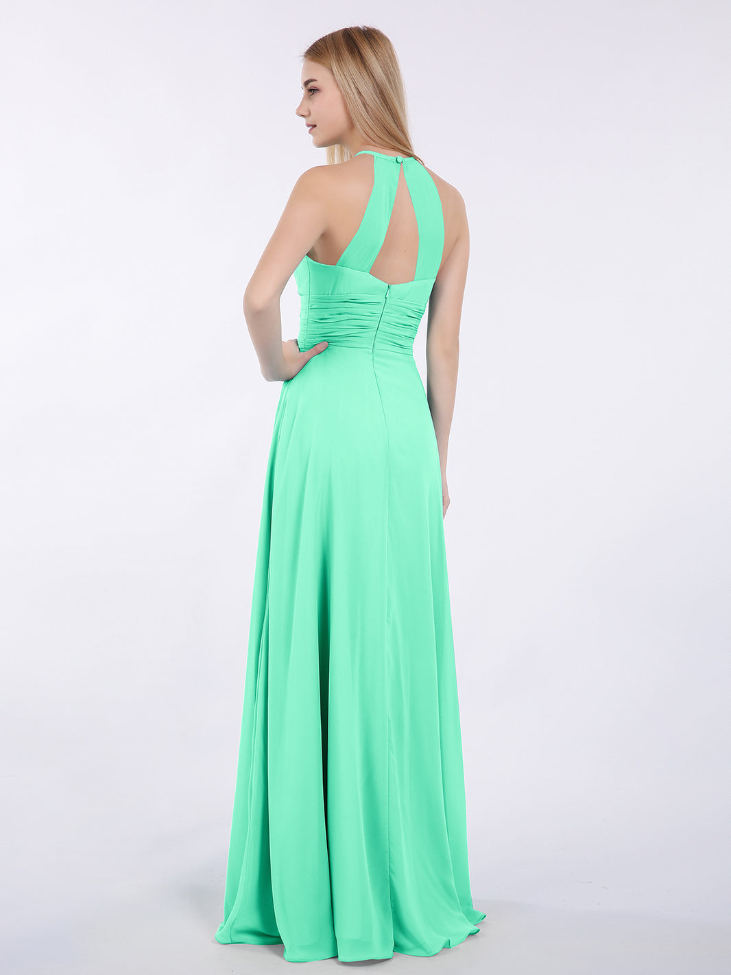 BABARONI Chiffon Turquoise Bridesmaid Dresses Halter Floor-length  Sleeveless Ruched A-line
