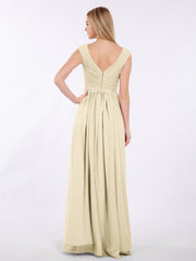 V Neck Chiffon Gown with Cap Sleeves Champagne