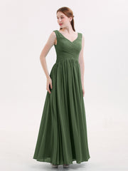 V Neck Maxi Chiffon Dresses with Ziper Back Olive Green