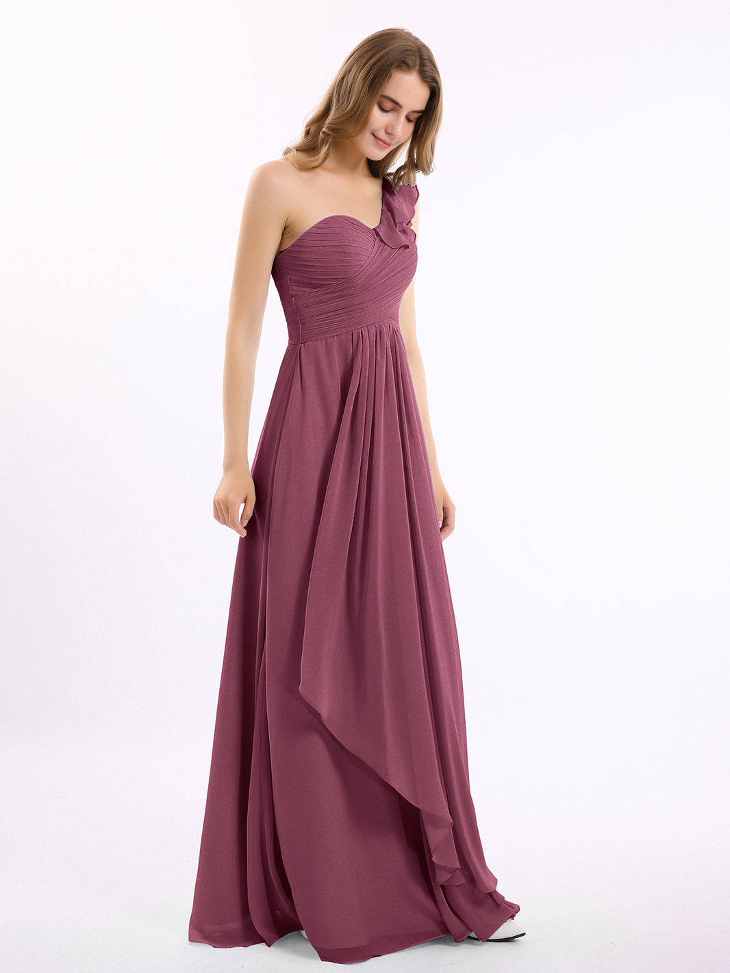 BABARONI Chiffon Mulberry Bridesmaid Dresses One Shoulder Floor-length Sleeveless Ruffle A-line, Mulberry / US0