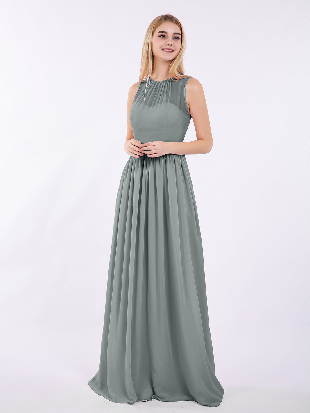 BABARONI Illusion Neck Full Length Bridesmaid Dress Steel Grey, Steel Grey / US0