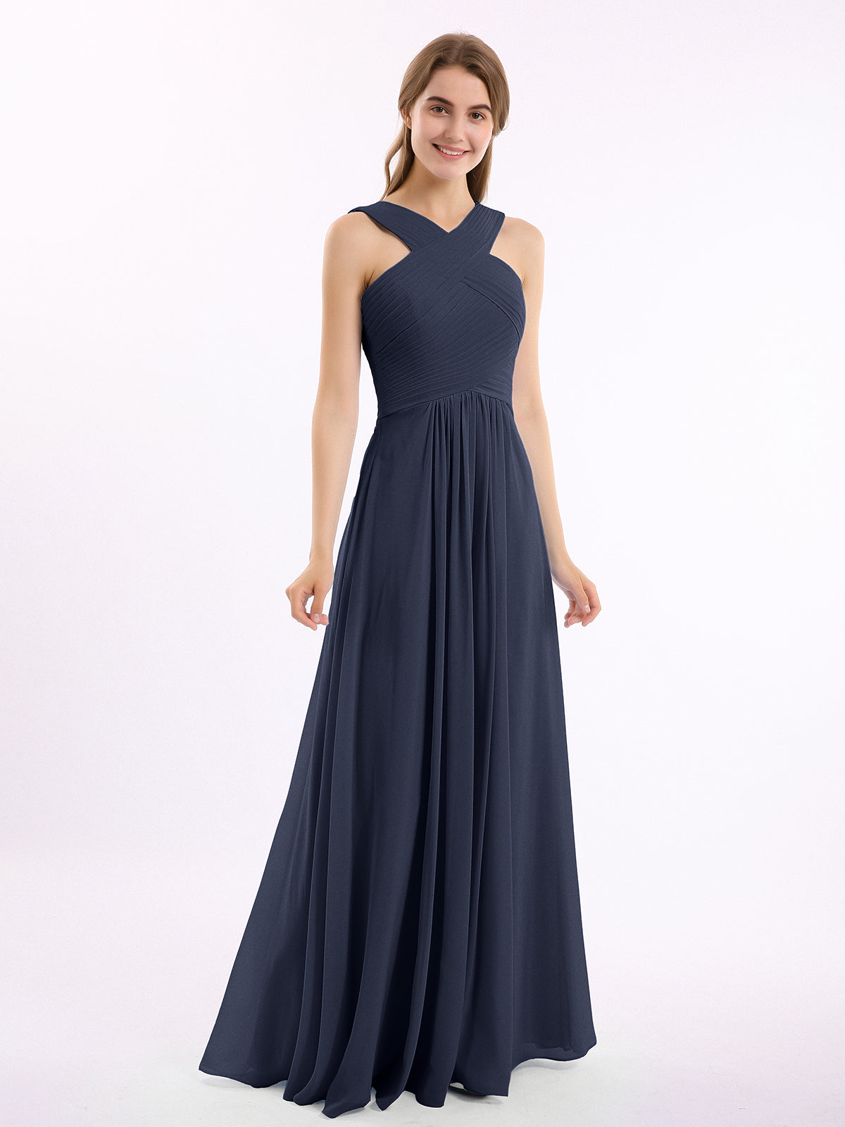 Cross Shoulder Strap Chiffon Dress with Empire Waist Tangerine