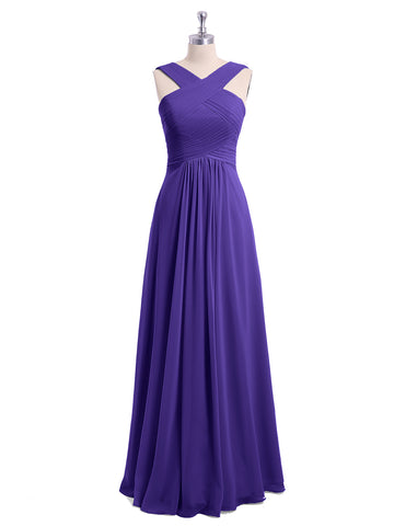 Cross Shoulder Strap Chiffon Dress with Empire Waist Plum