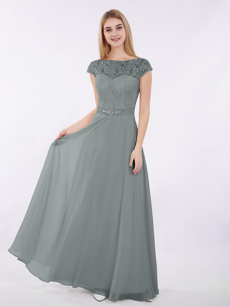 BABARONI Cap Sleeves Chiffon Dress with Sash Steel Grey, Steel Grey / US0
