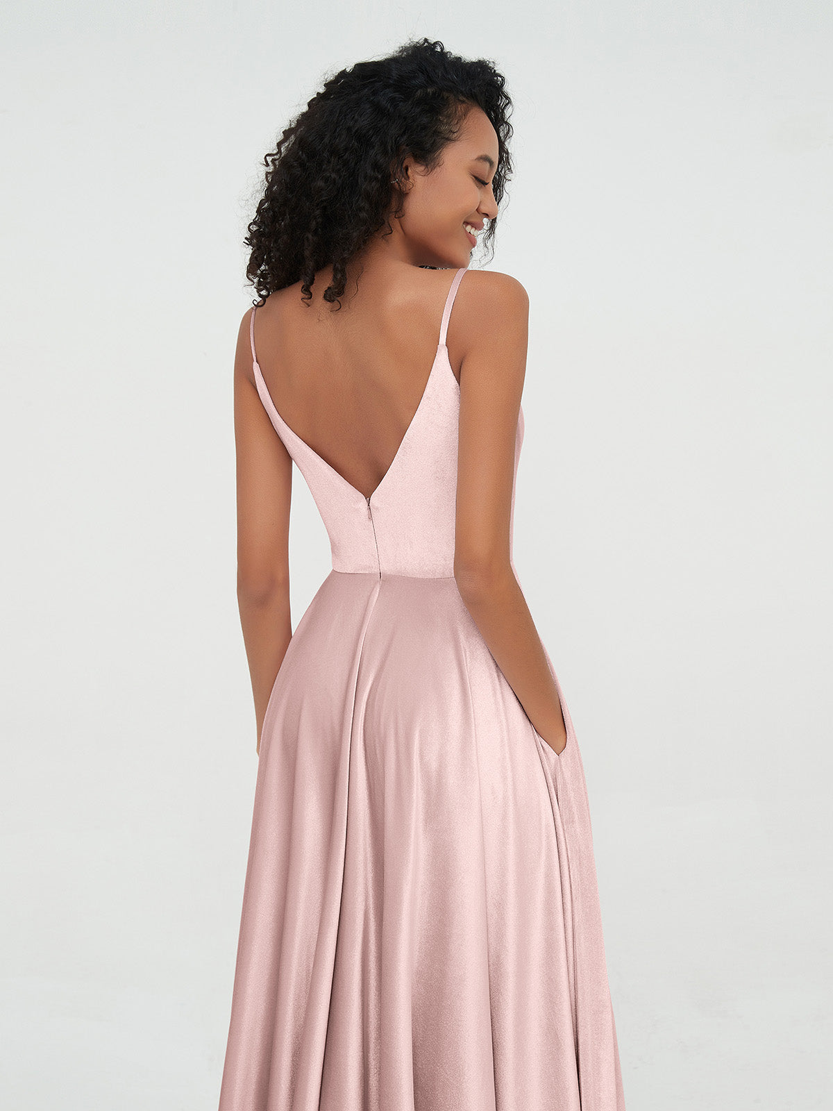 Spaghetti Straps Velvet Midi Dresses with Pockets Dusty Rose