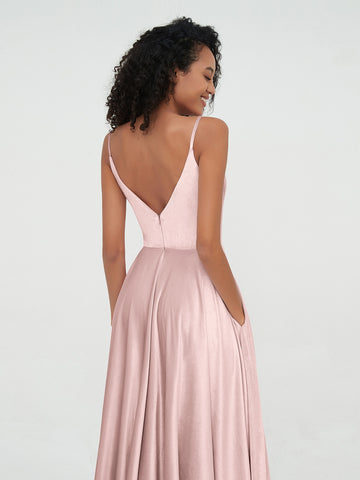 Dusty Rose V-Neck Spaghetti Straps Formal Dresses with Split