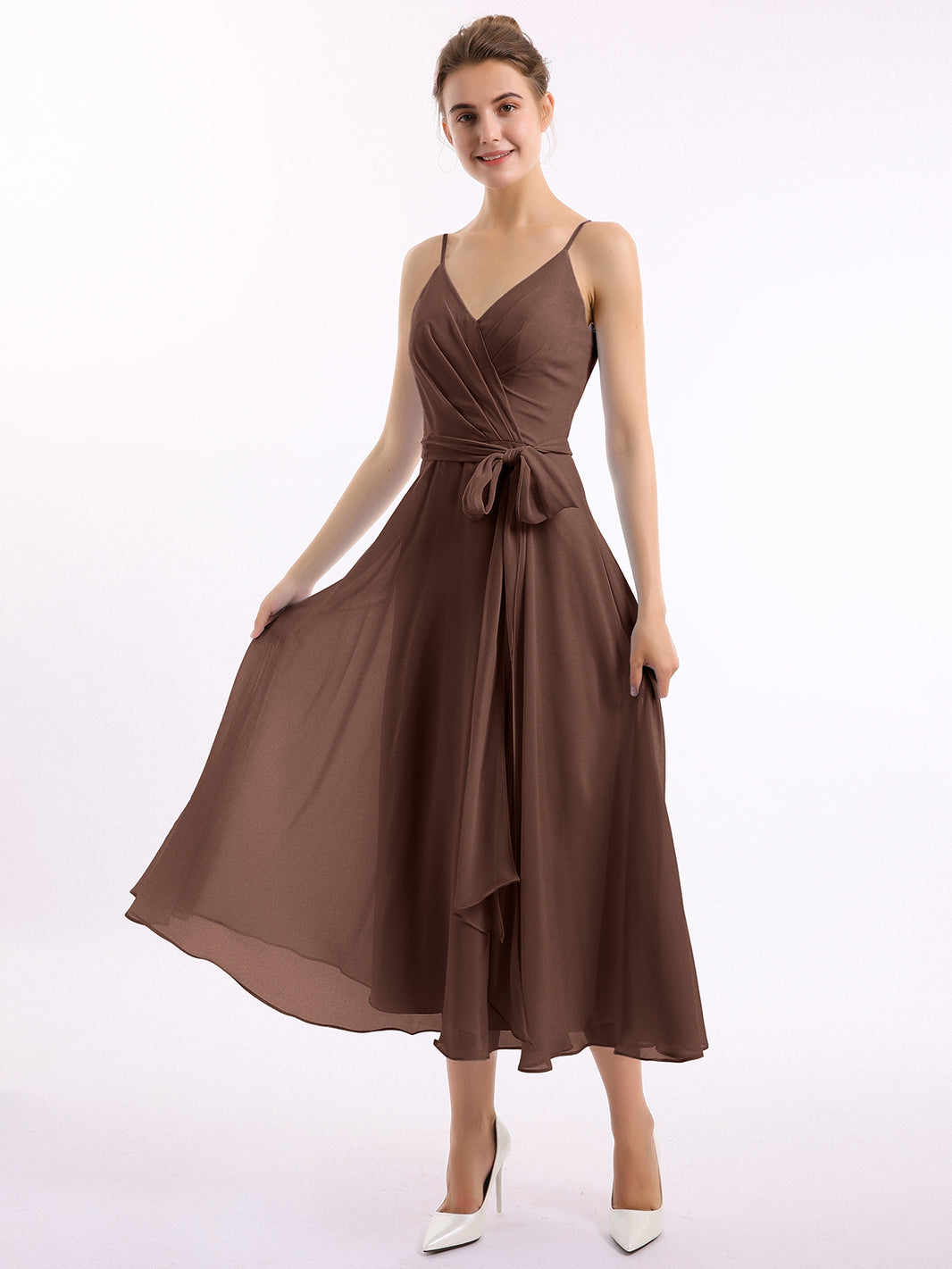 Spaghetti Strap T length Dress with Sash Bow Chocolate