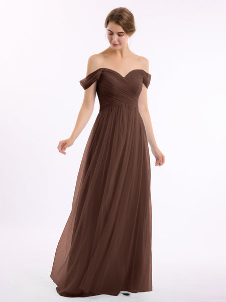 BABARONI Off the Shoulder Sweetheart Neck Tulle Dress Chocolate, Chocolate / US0
