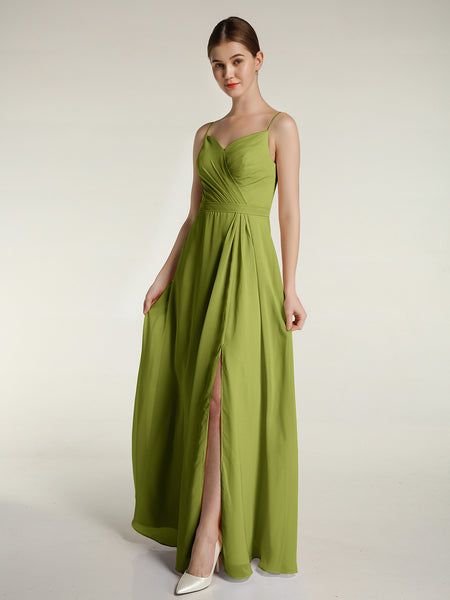 BABARONI Chiffon Clover Bridesmaid Dresses Sweetheart Floor-length Spaghetti Straps Ruched A-line, Clover / US0