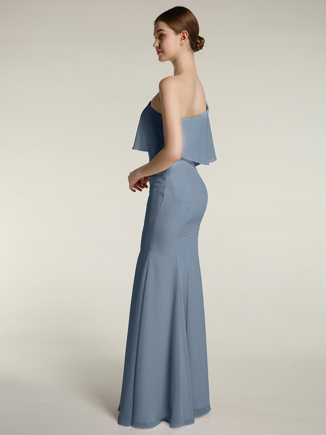 BABARONI Chiffon Dusty Blue Bridesmaid Dresses One Shoulder Floor-length Spaghetti Straps Ruffle Mermaid, Dusty Blue / US0