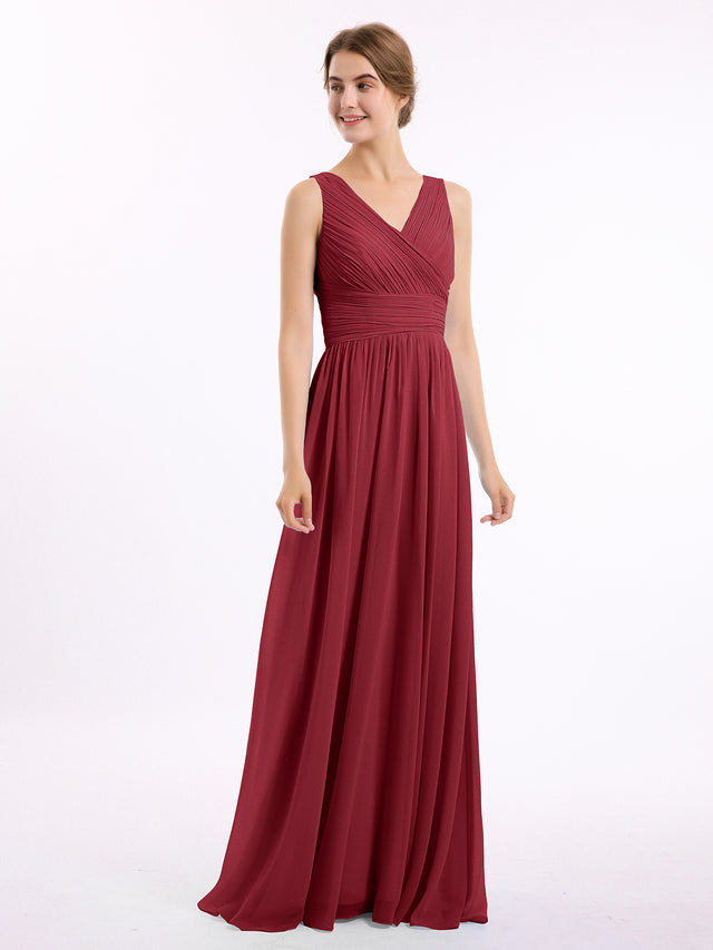 A-line Chiffon Floor Length V Neck Dresses Burgundy