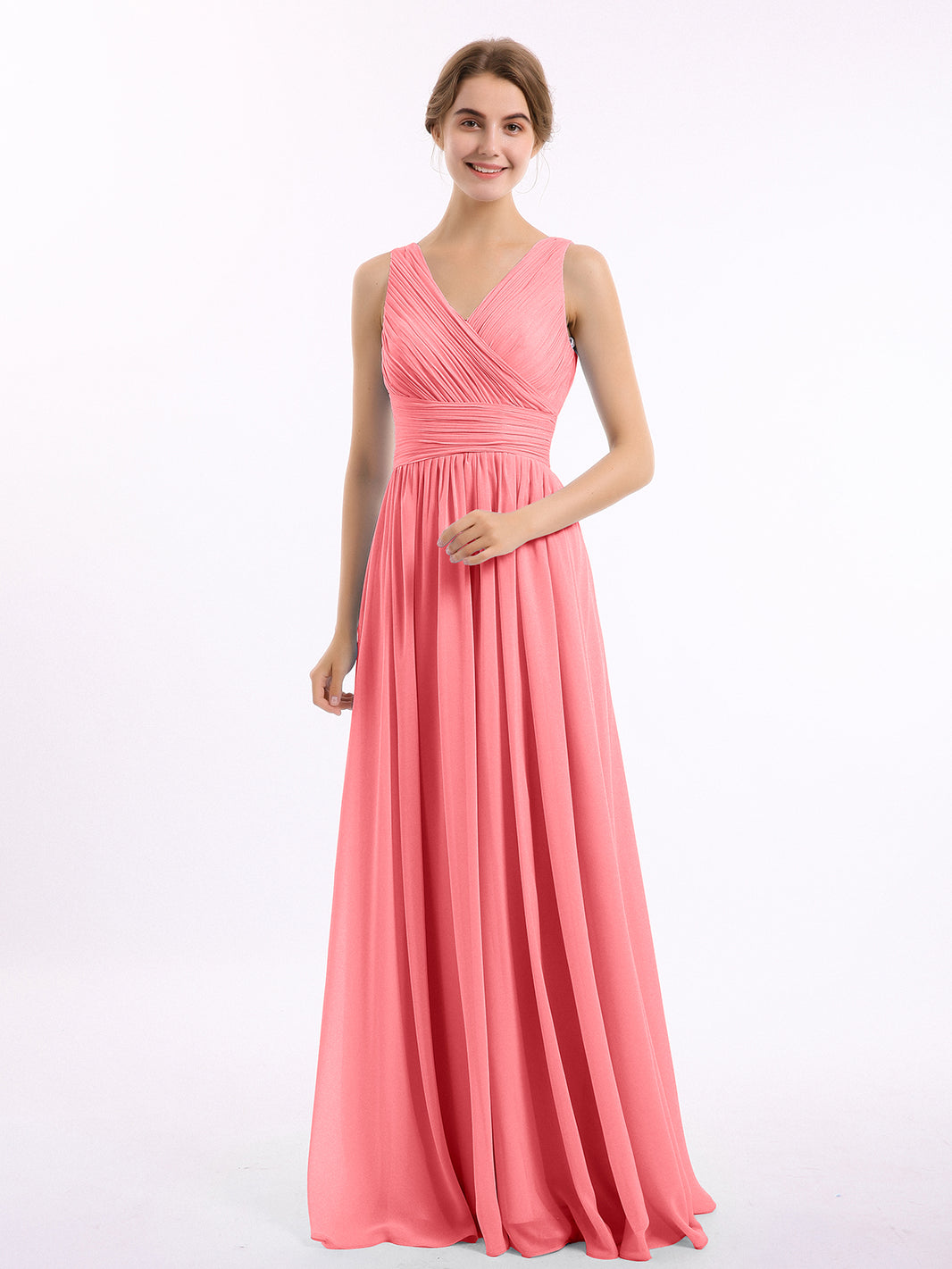 blue dress for baby girl BABARONI Chiffon Watermelon Bridesmaid Dresses V-neck Floor-length  Sleeveless Ruched A-line