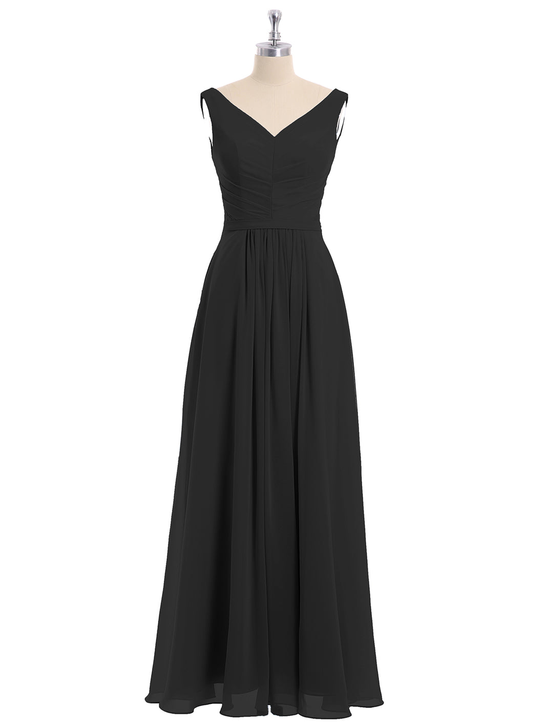 BABARONI Chiffon Black Bridesmaid Dresses V-neck Floor-length Sleeveless Ruched A-line, Black / US0