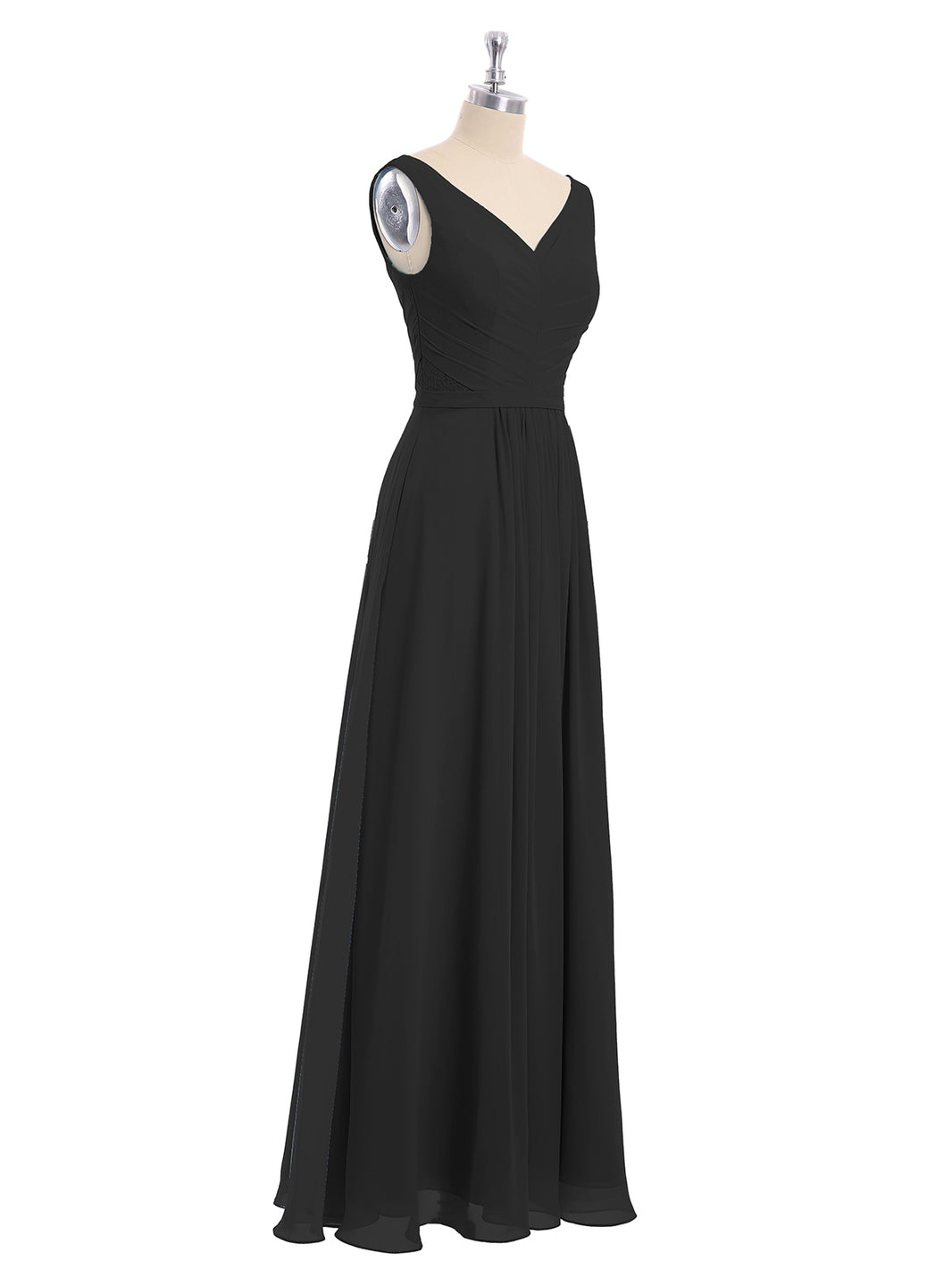 BABARONI Chiffon Black Bridesmaid Dresses V-neck Floor-length Sleeveless Ruched A-line, Black / US0