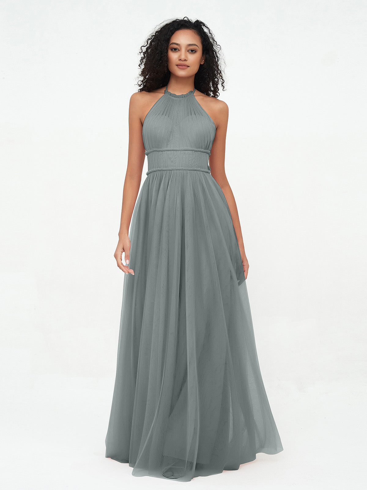 A-line Halter Tulle Tiered Short Dress Steel Grey