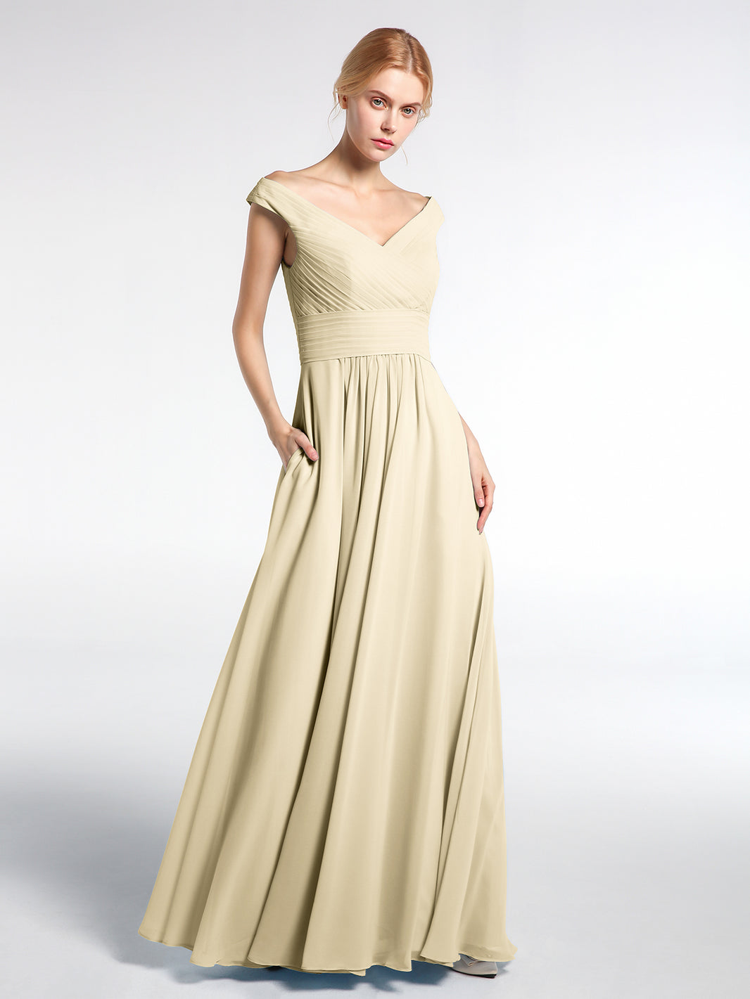 BABARONI Chiffon Champagne Bridesmaid Dresses V-neck Floor-length Sleeveless Pocket A-line, Champagne / US0