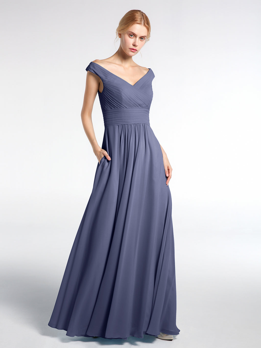 BABARONI Off shoulder V-neck Maxi Dress with Pockets-Stormy, Stormy / US0