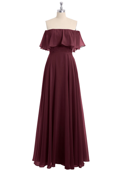 Off-The-Shoulder Chiffon Gown with Tiered Skirt Cabernet