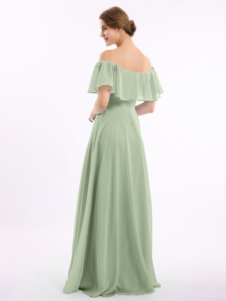 Off the Shoulder Chiffon Floor-Length Dress with Slit Sage