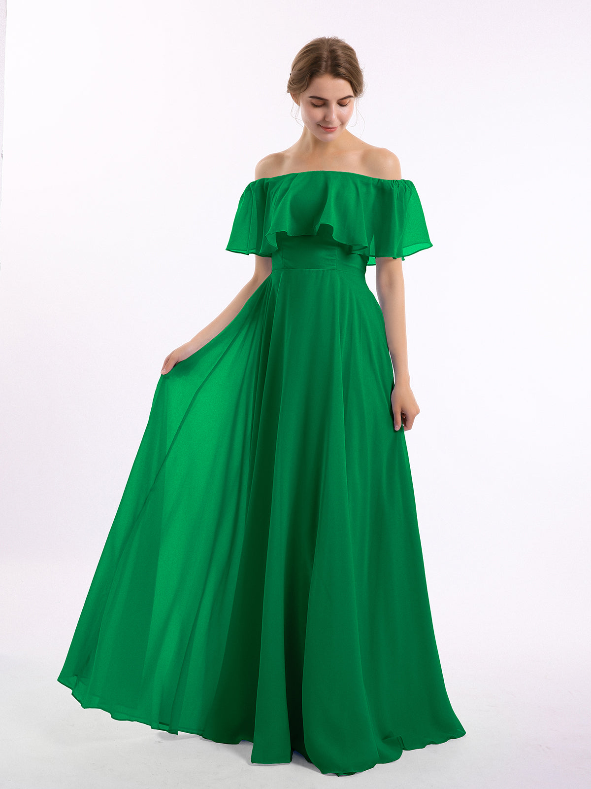 BABARONI Chiffon Emerald Bridesmaid Dresses Off-the-shoulder Floor-length Short Pleated A-line BABARONI Chiffon Emerald Bridesmaid Dresses Off-the-shoulder Floor-length Short Pleated A-line